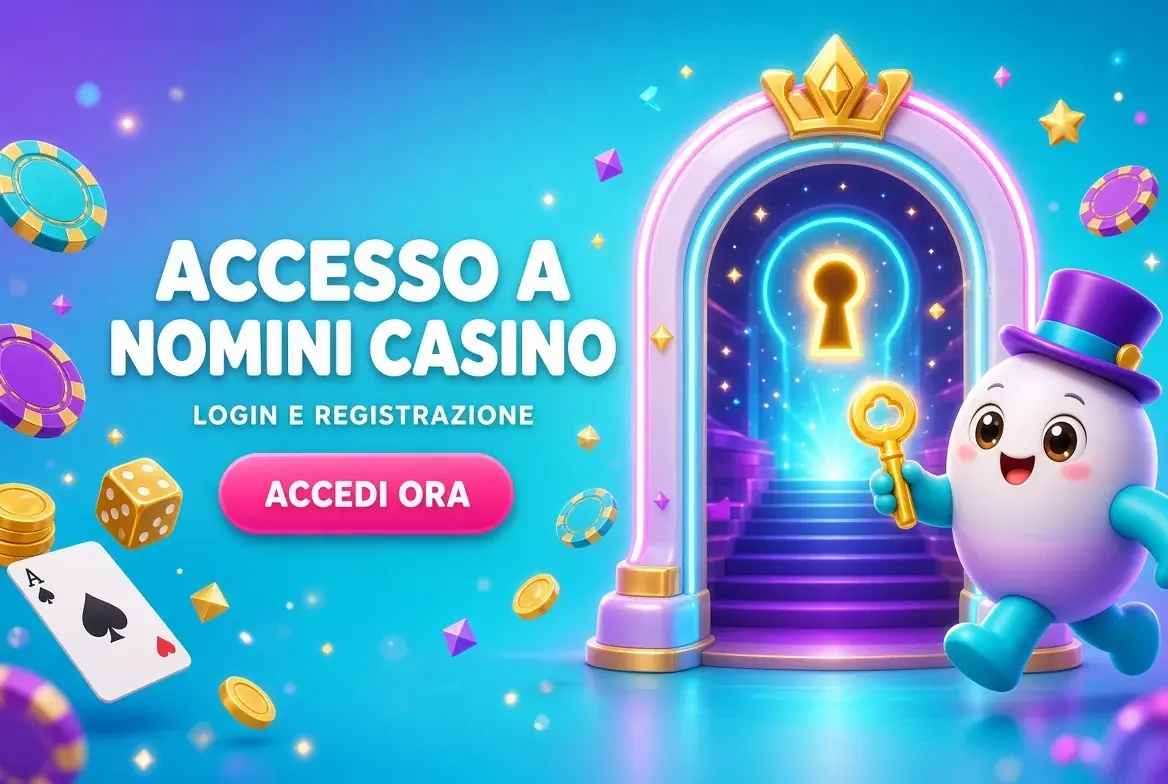 Accesso a Nomini Casino: porta luminosa con serratura, chiave dorata e mascotte, login e registrazione