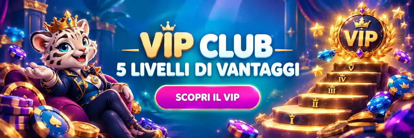 VIP Club di Nomini Casino: 5 livelli di vantaggi con scalinata dorata e mascotte